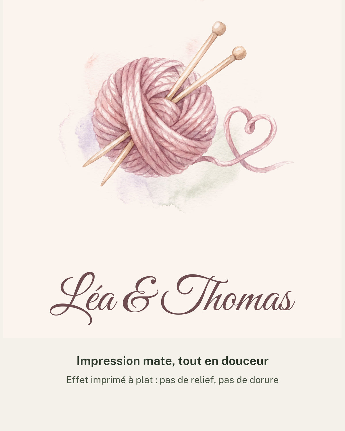 Affiche noces de laine personnalisée, 7 ans de mariage : détail de l’illustration et des prénoms, impression mate