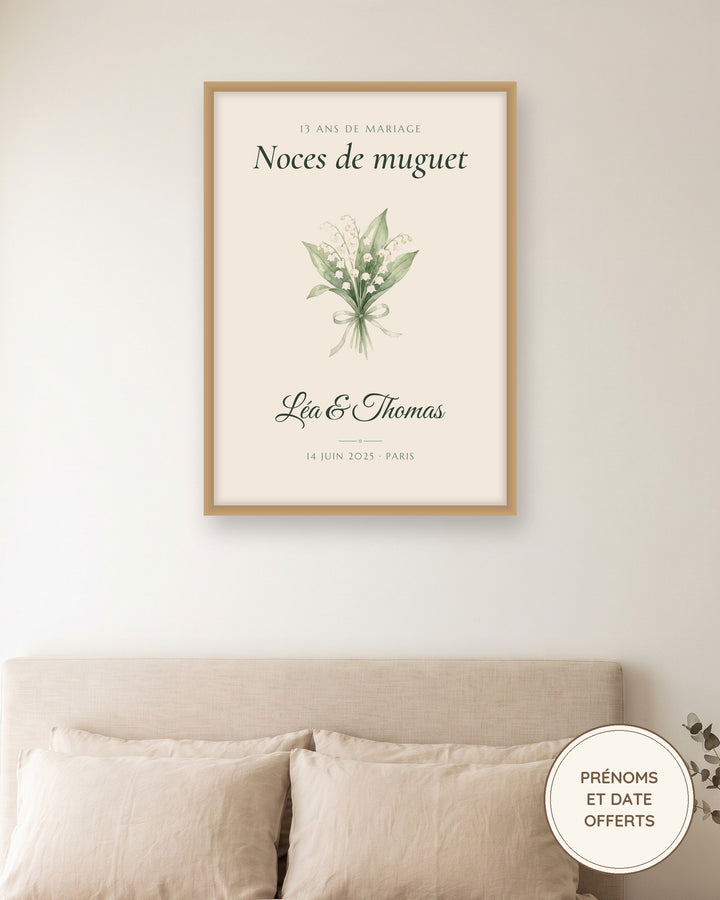 Affiche noces de muguet personnalisée, 13 ans de mariage : l’affiche encadrée, exemple personnalisé