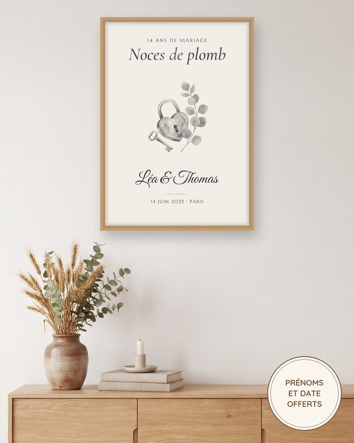 Affiche noces de plomb personnalisée, 14 ans de mariage : l’affiche encadrée, exemple personnalisé