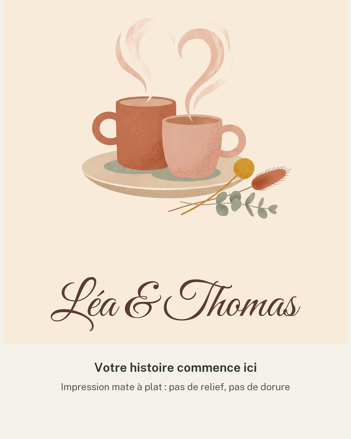 Affiche notre rencontre personnalisée, prénoms, date et lieu : détail de l’illustration et des prénoms, impression mate