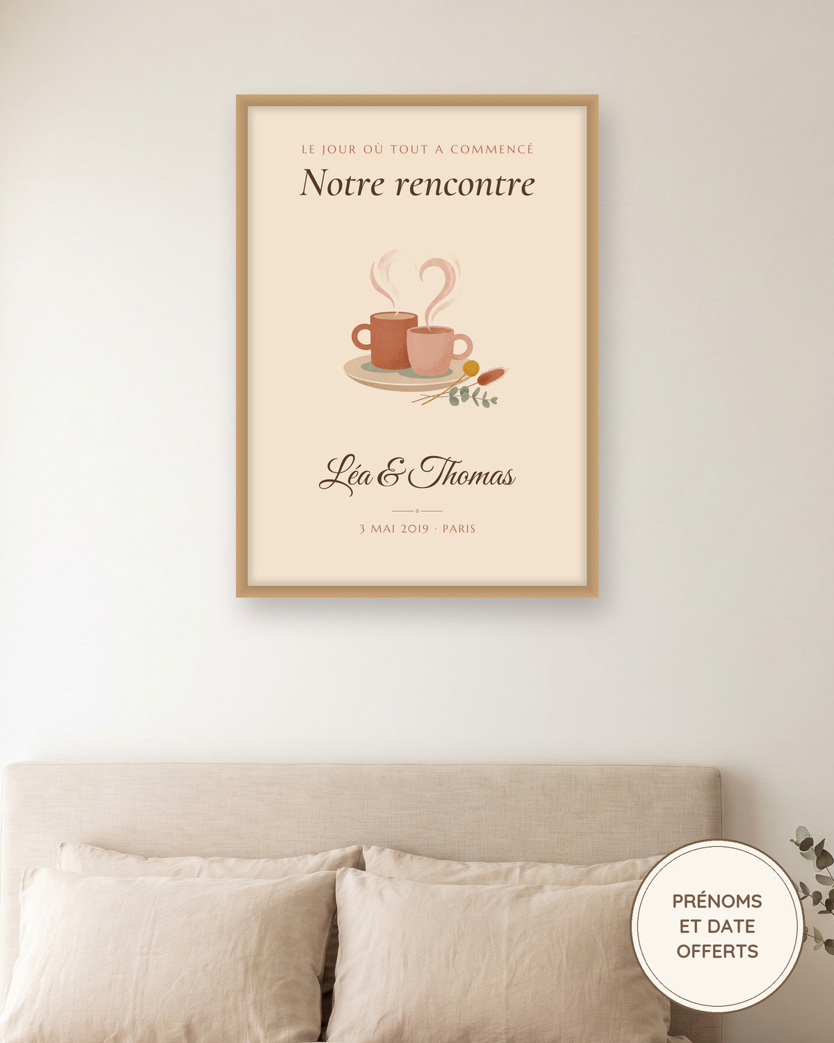 Affiche notre rencontre personnalisée, prénoms, date et lieu : l’affiche encadrée, exemple personnalisé
