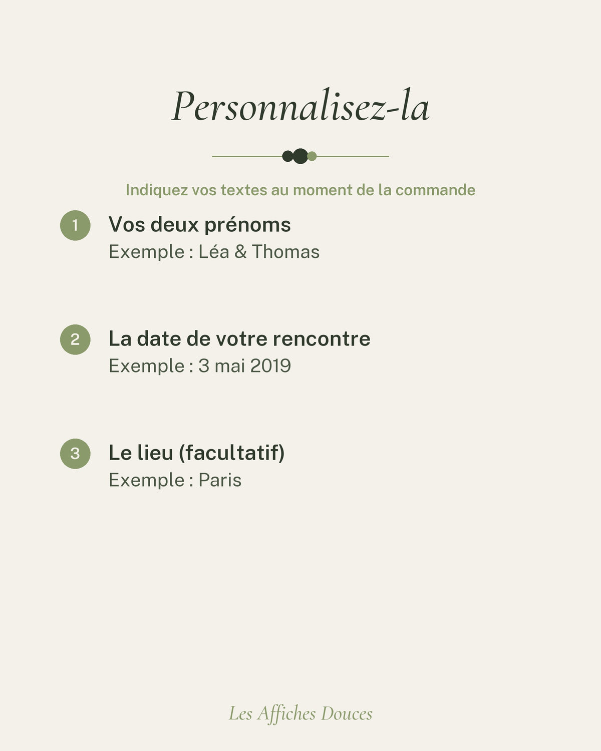 Ce que vous personnalisez : vos deux prénoms, la date de la rencontre et le lieu (facultatif)