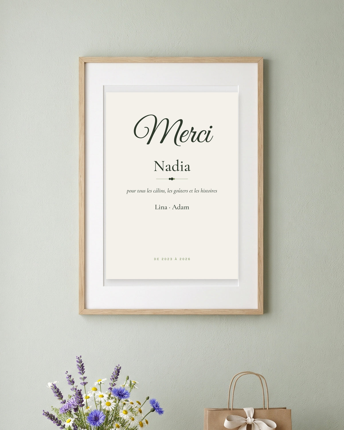Affiche nounou merci personnalisée encadrée prête à offrir, exemple personnalisé