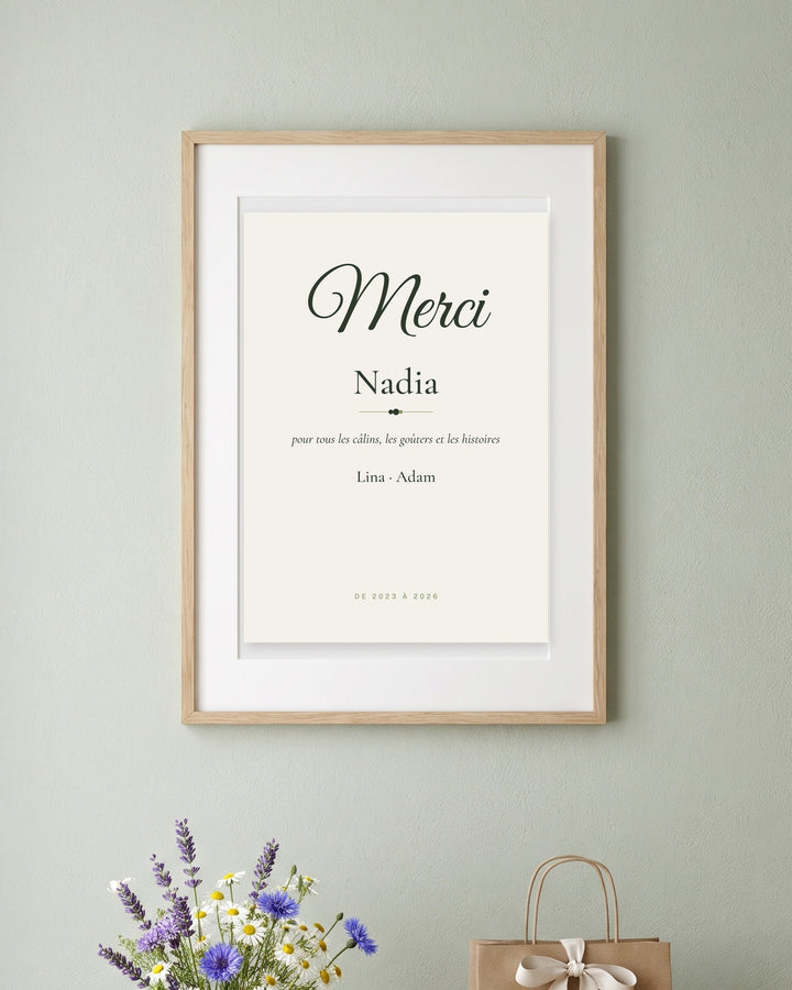 Affiche nounou merci personnalisée encadrée prête à offrir, exemple personnalisé
