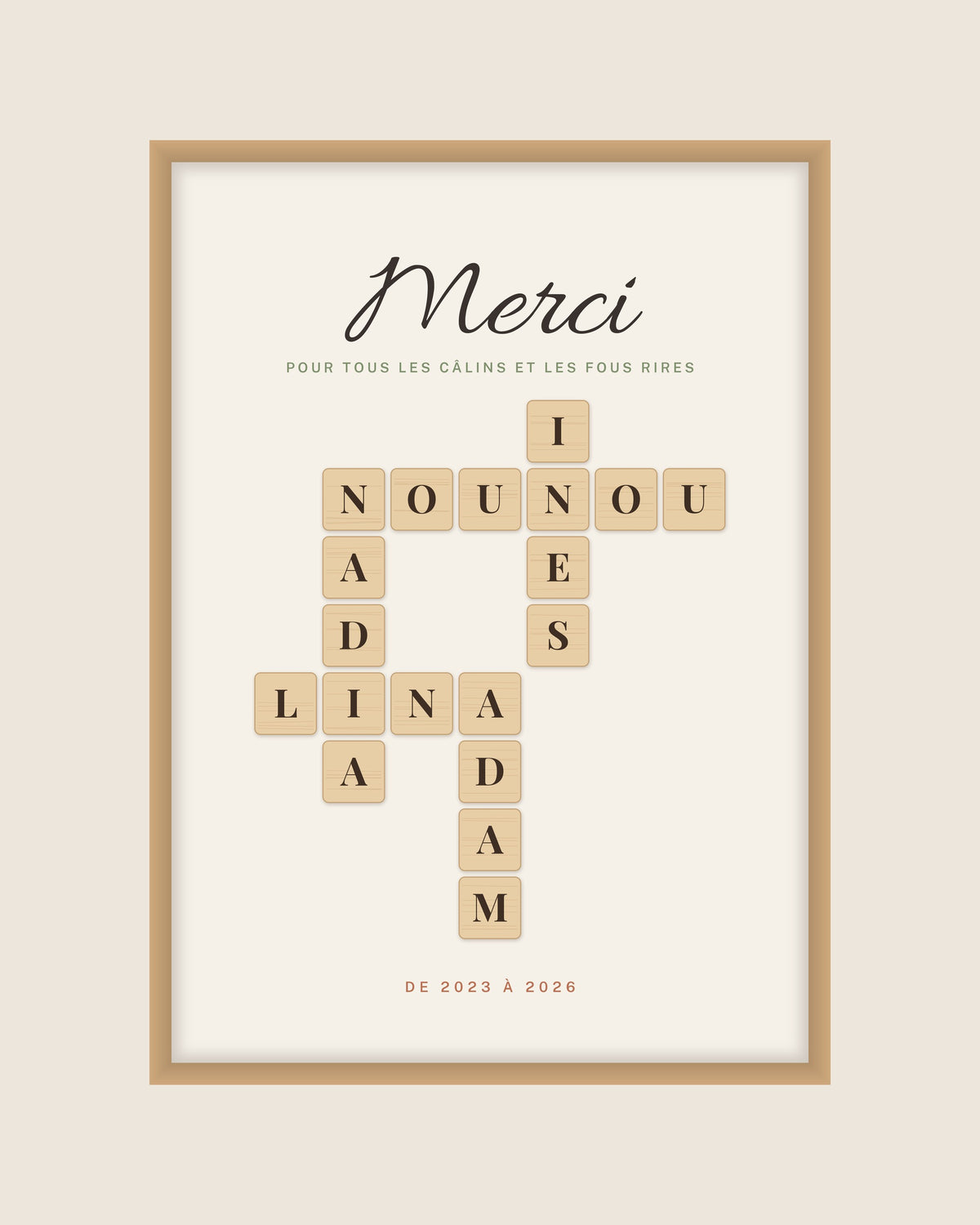Affiche nounou mots croisés personnalisée, prénoms en lettres bois : l’affiche seule, exemple personnalisé