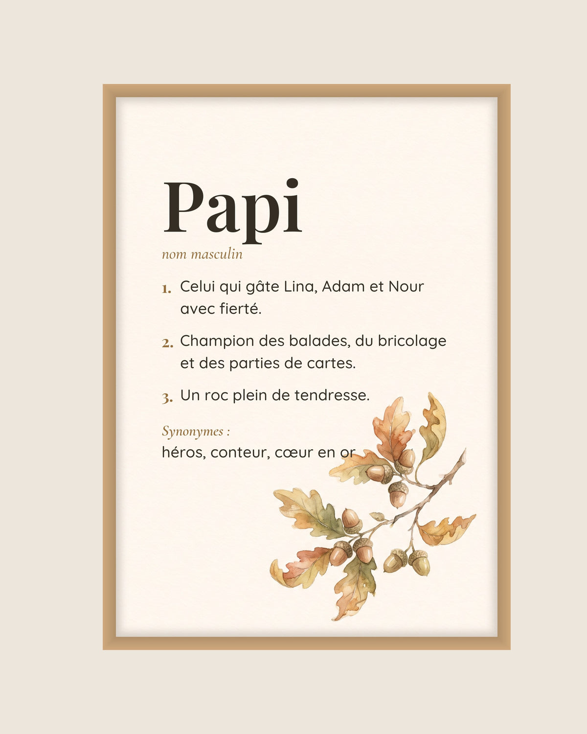 Affiche papi personnalisée branche de chêne : l’affiche seule, exemple de personnalisation