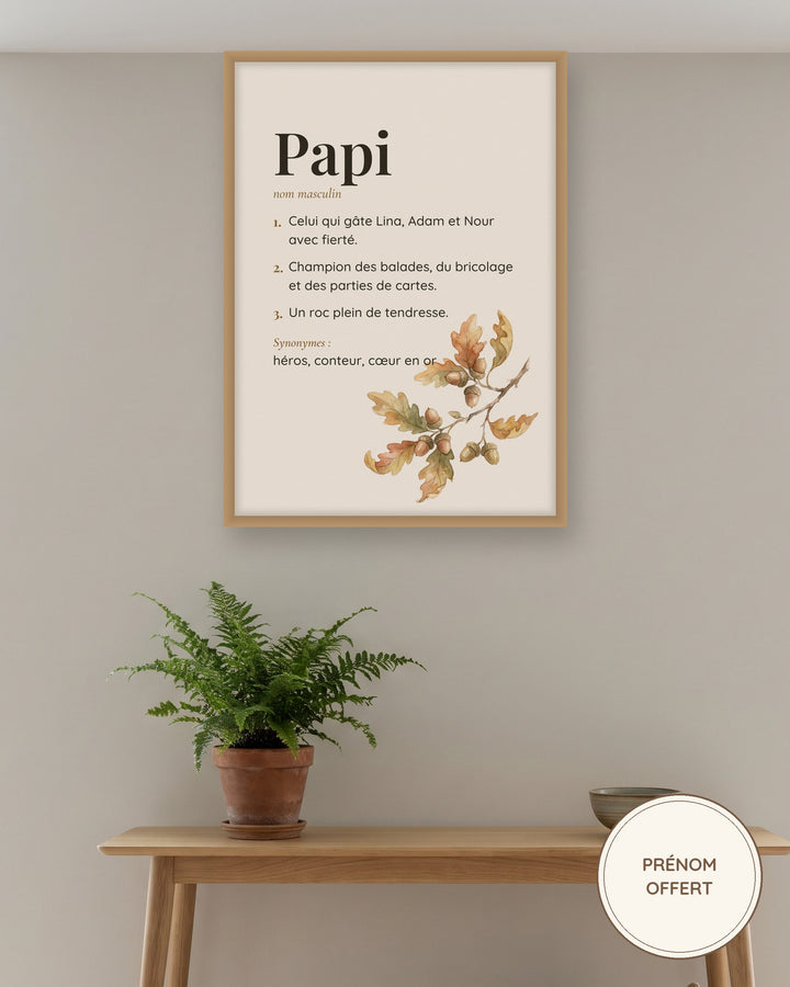 Affiche papi personnalisée branche de chêne encadrée dans une entrée, exemple personnalisé