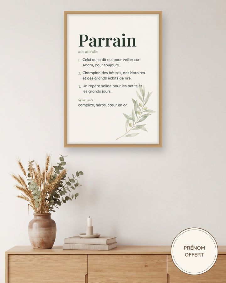 Affiche parrain personnalisée branche d’olivier encadrée au mur du salon, exemple personnalisé