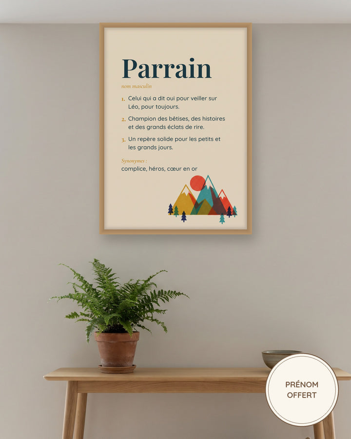 Affiche parrain personnalisée rétro montagne encadrée dans une entrée, exemple personnalisé