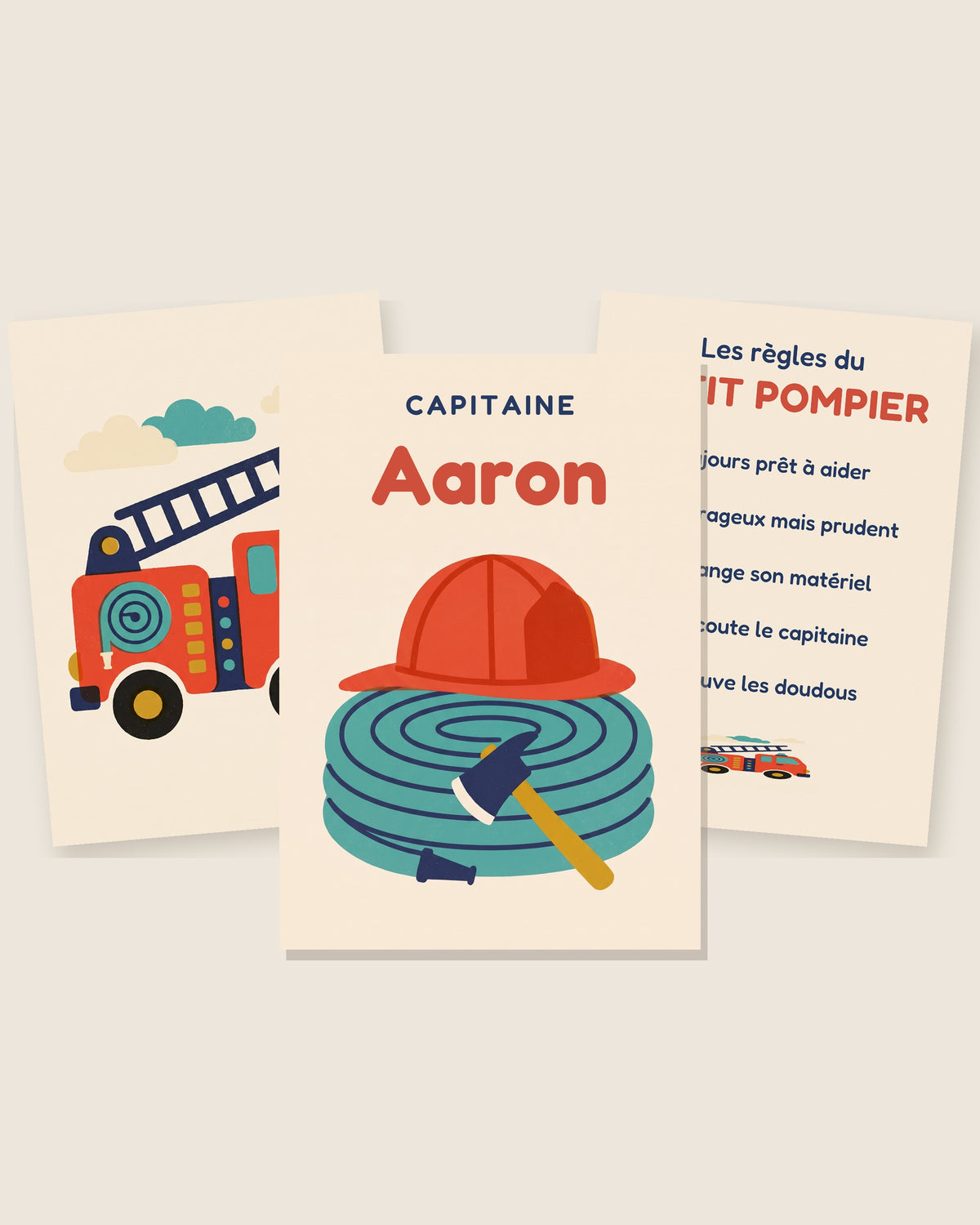 Affiche pompier personnalisée Capitaine, lot de 3 affiches : les 3 affiches assorties côte à côte