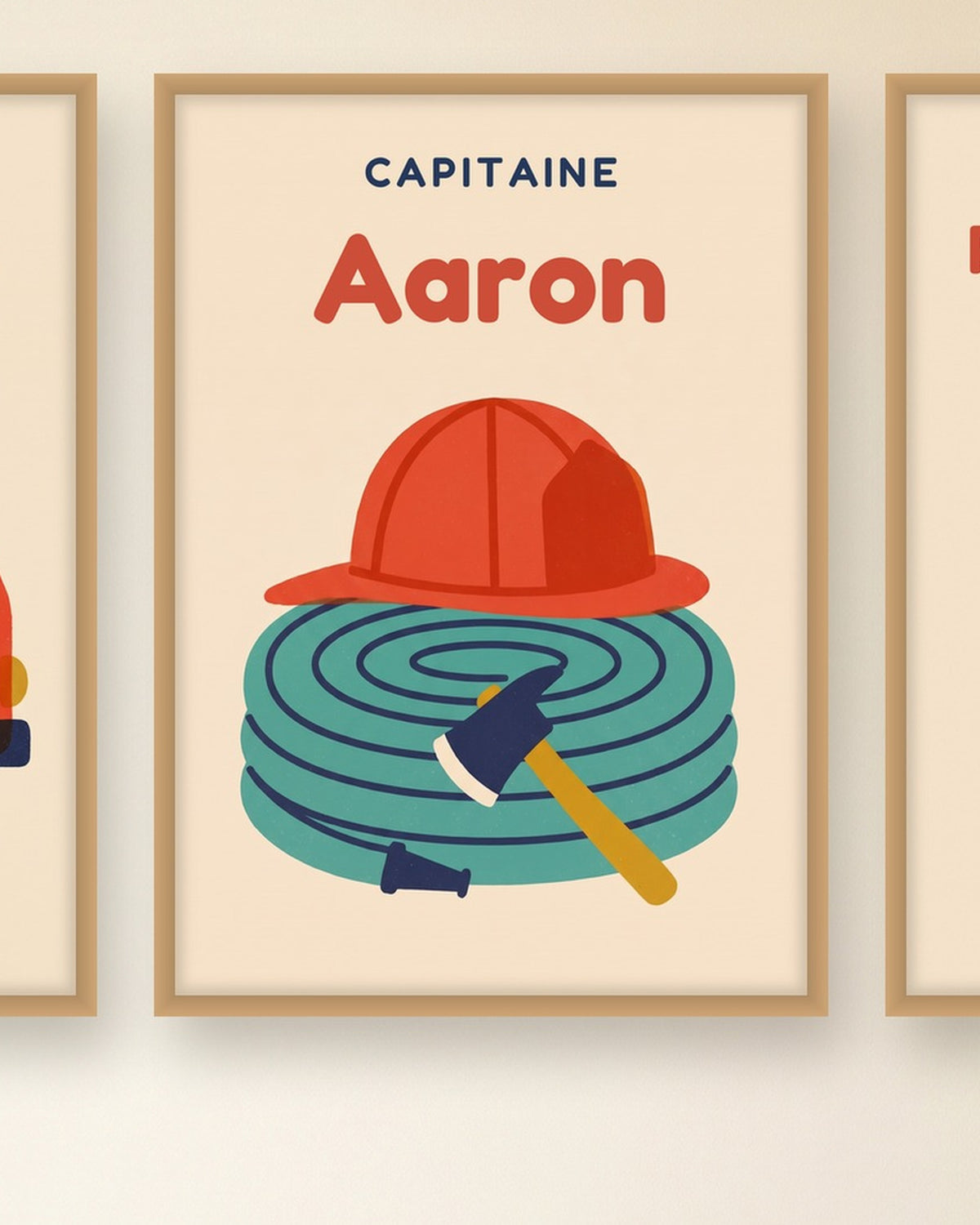 Affiche pompier personnalisée Capitaine, lot de 3 affiches : le casque sous « Capitaine » et le prénom