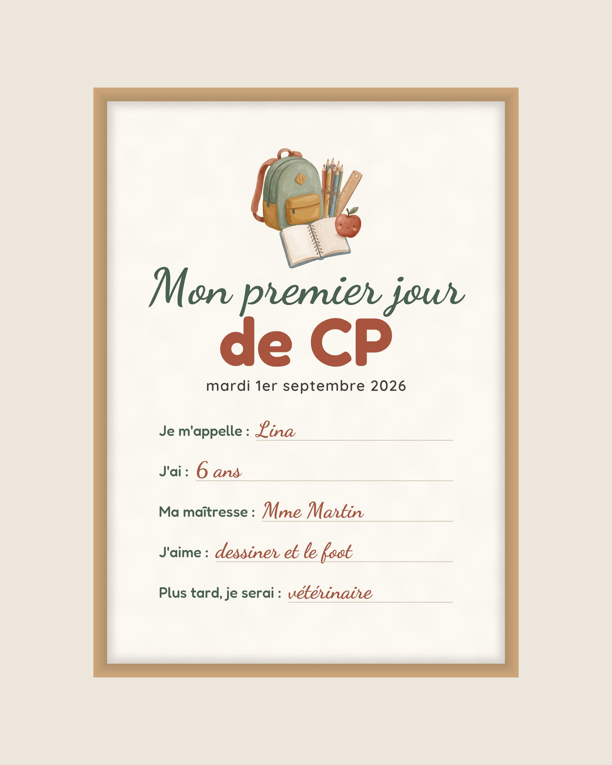 Affiche premier jour d’école personnalisée, de la maternelle à la 6e : « Mon premier jour de CP » et ses réponses