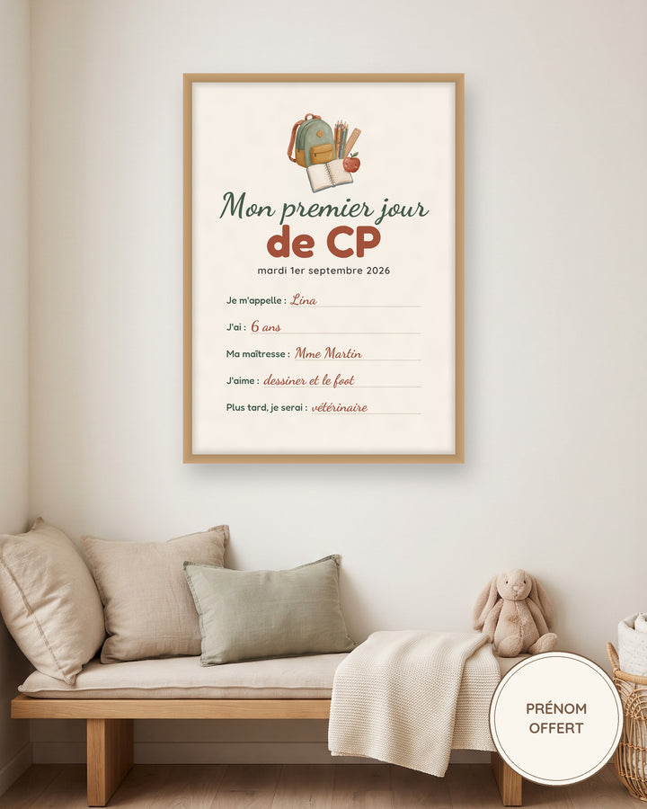 Affiche premier jour d’école personnalisée, de la maternelle à la 6e : l’affiche encadrée, exemple personnalisé