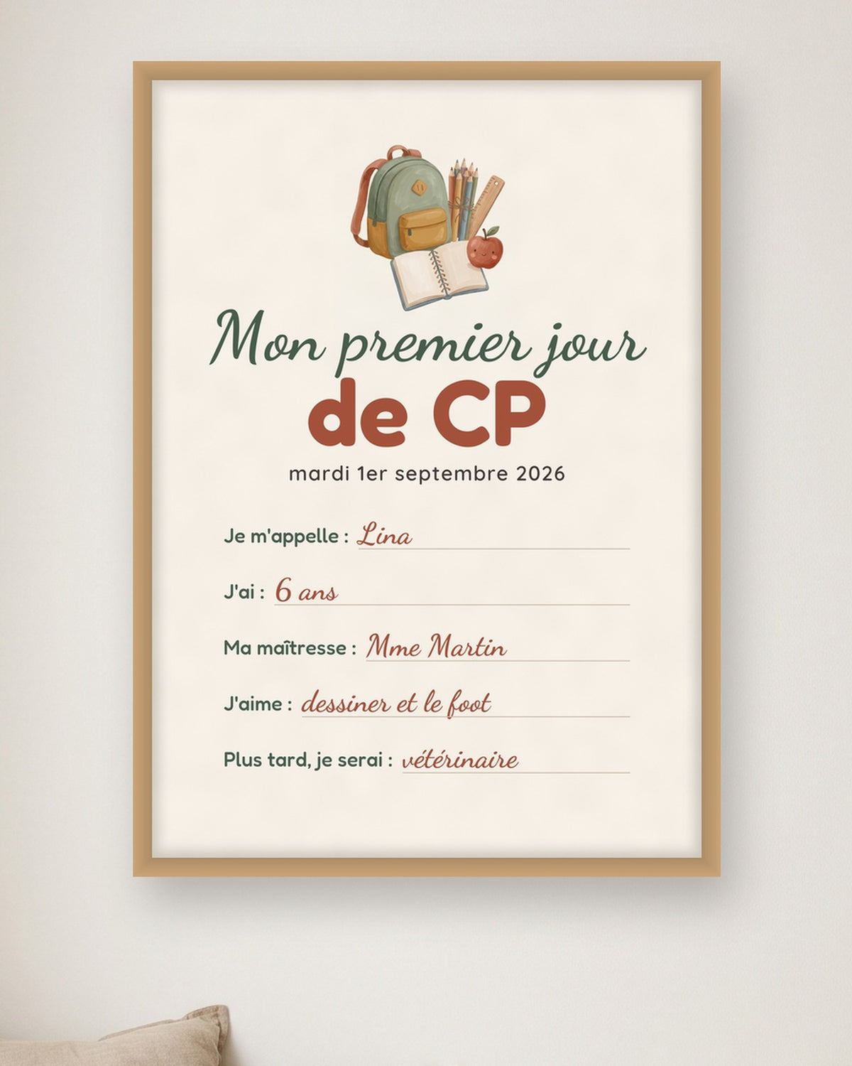 Affiche premier jour d’école personnalisée, de la maternelle à la 6e : gros plan sur l’affiche encadrée