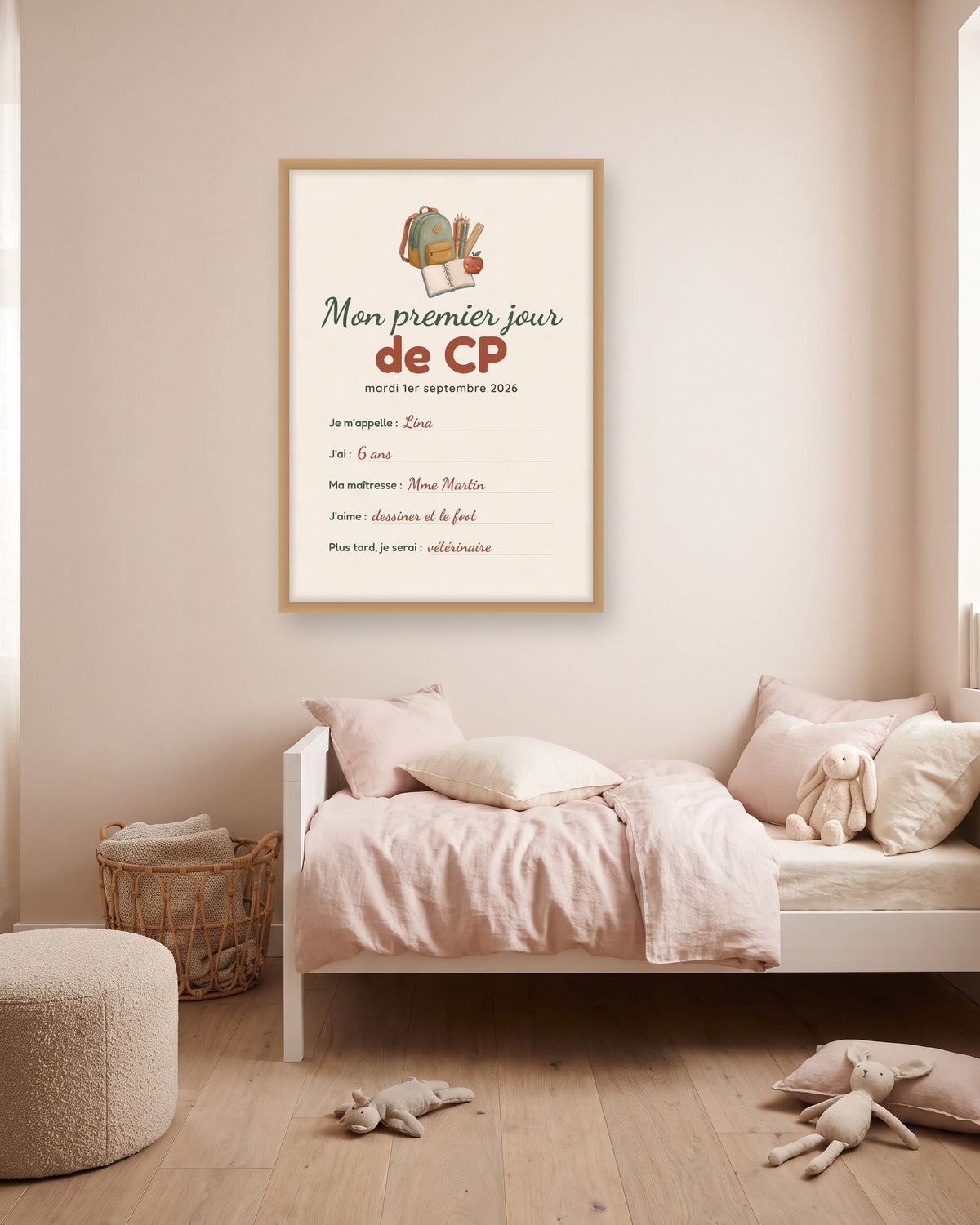 Affiche premier jour d’école personnalisée, de la maternelle à la 6e, autre exemple de mise en situation