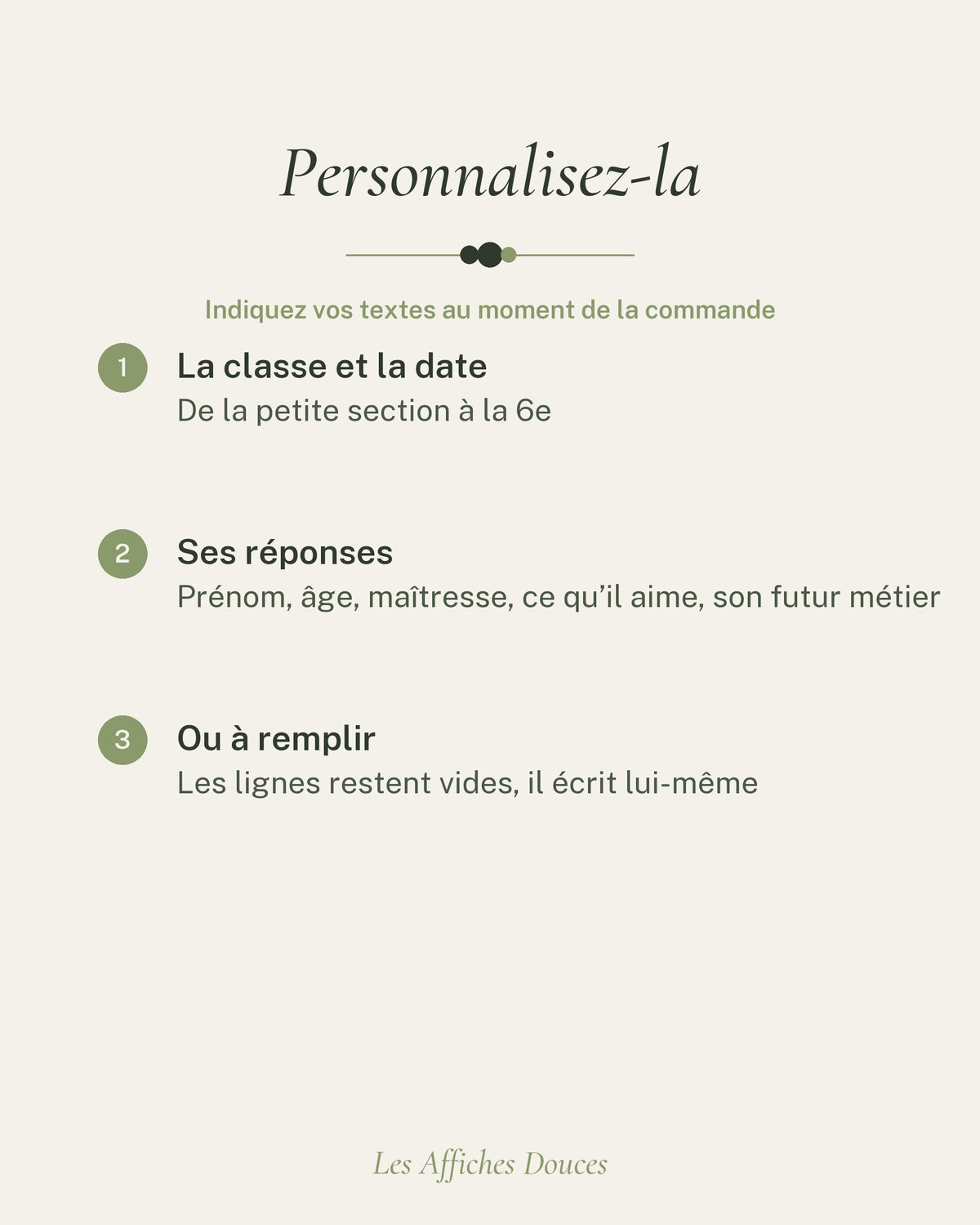 Ce que vous personnalisez : la classe, la date et ses réponses