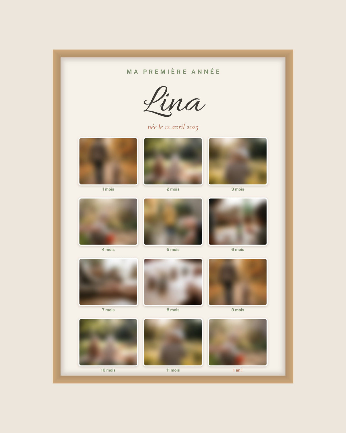 Affiche ma première année bébé, 12 photos mois par mois personnalisée : l’affiche seule, exemple personnalisé