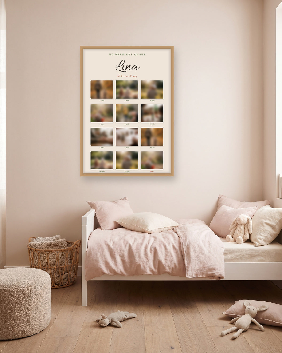 Affiche ma première année bébé, 12 photos mois par mois personnalisée, autre exemple de mise en situation