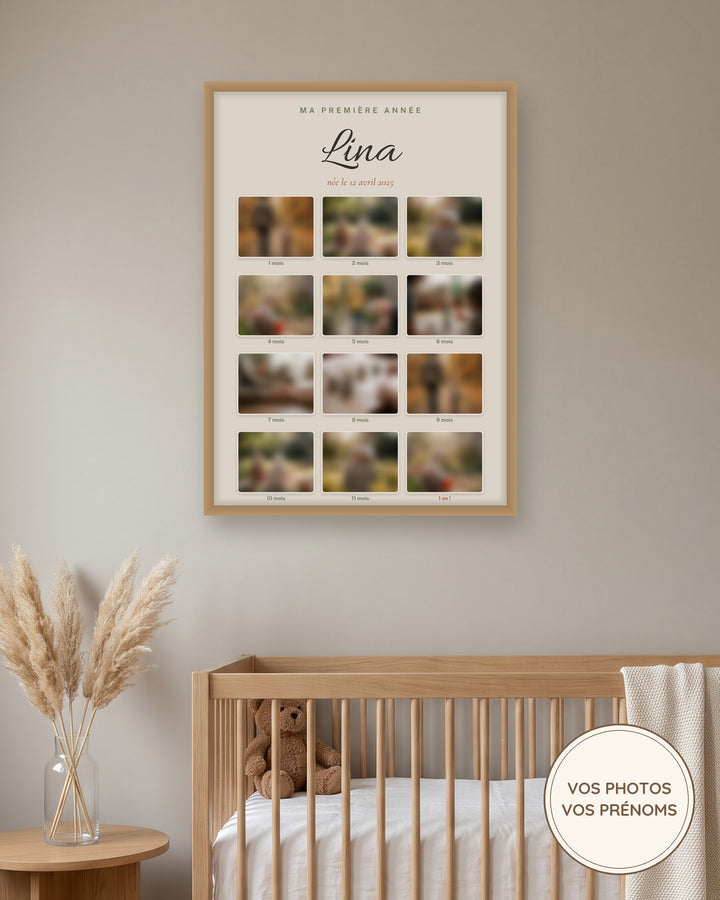 Affiche ma première année bébé, 12 photos mois par mois personnalisée : l’affiche encadrée, exemple personnalisé