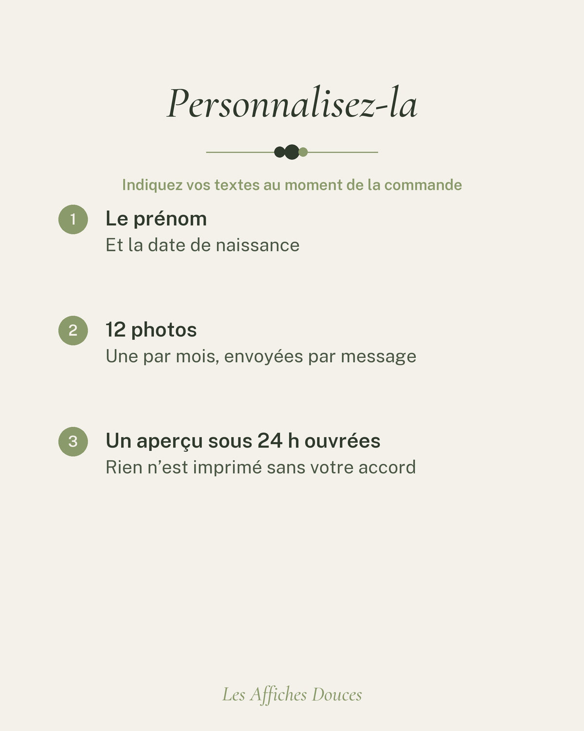 Ce que vous personnalisez : le prénom, la date de naissance, né ou née, puis vos 12 photos envoyées après la commande