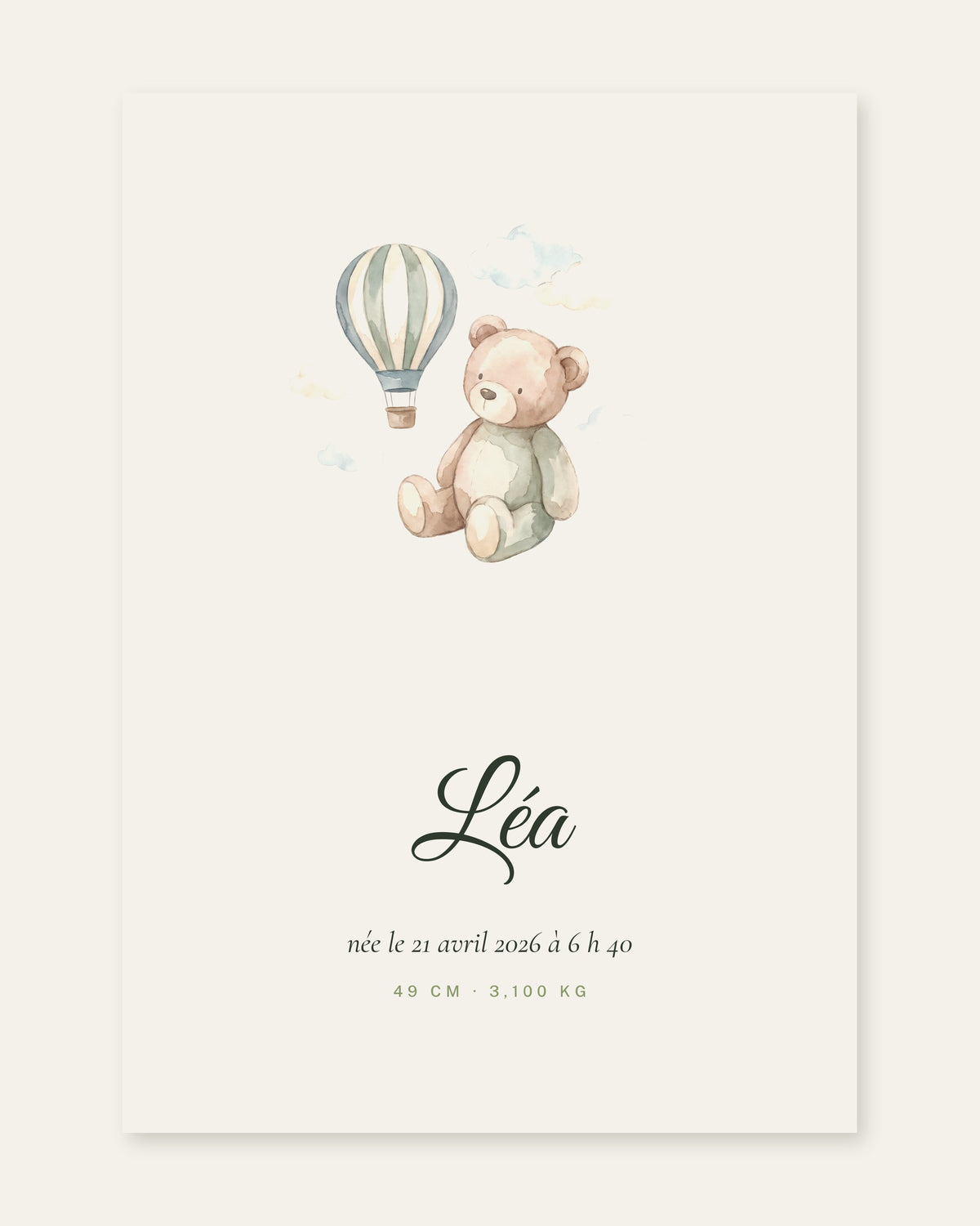 Affiche prénom bébé ourson aquarelle : l’affiche seule, exemple de personnalisation