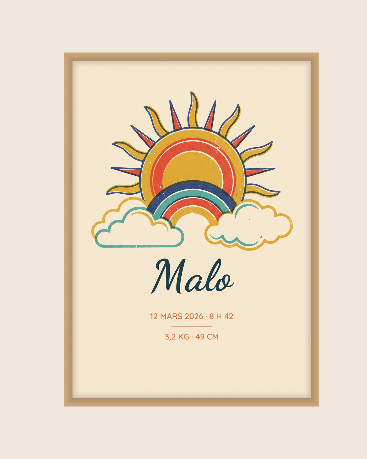 Affiche prénom naissance soleil rétro : l’affiche seule, exemple de personnalisation