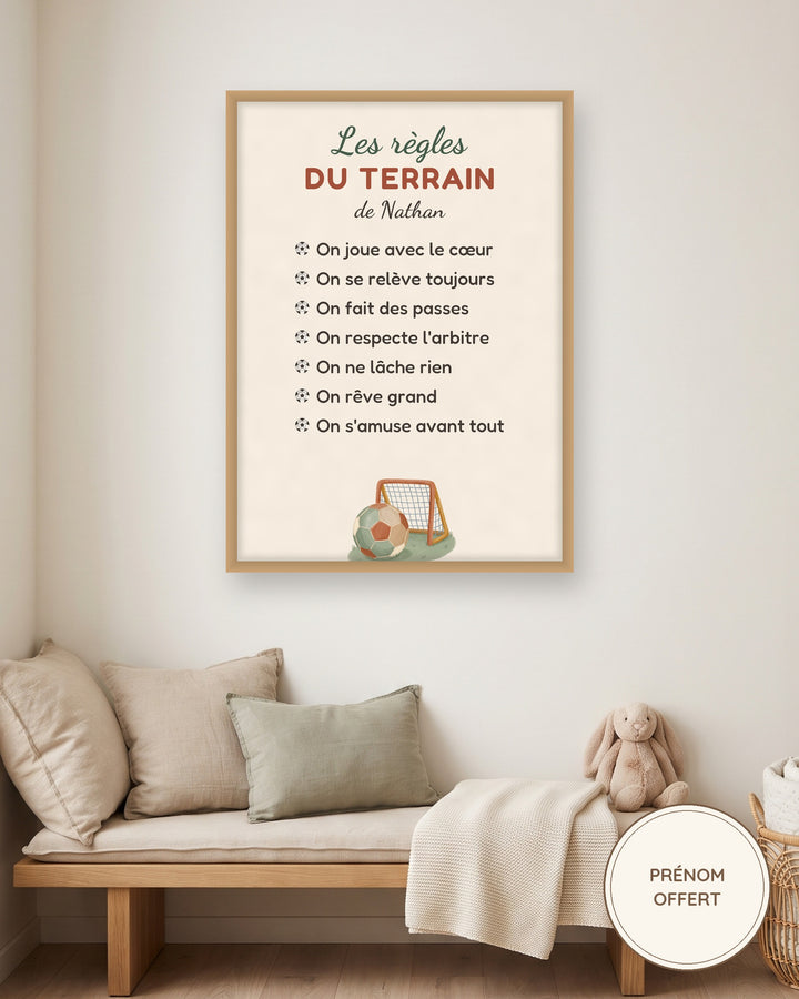 Affiche règles du foot personnalisée, les règles du terrain : l’affiche encadrée, exemple personnalisé