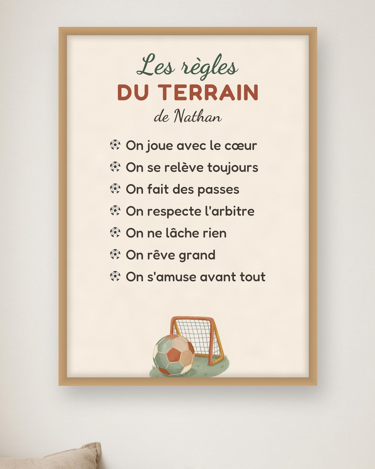 Affiche règles du foot personnalisée, les règles du terrain : gros plan sur l’affiche encadrée