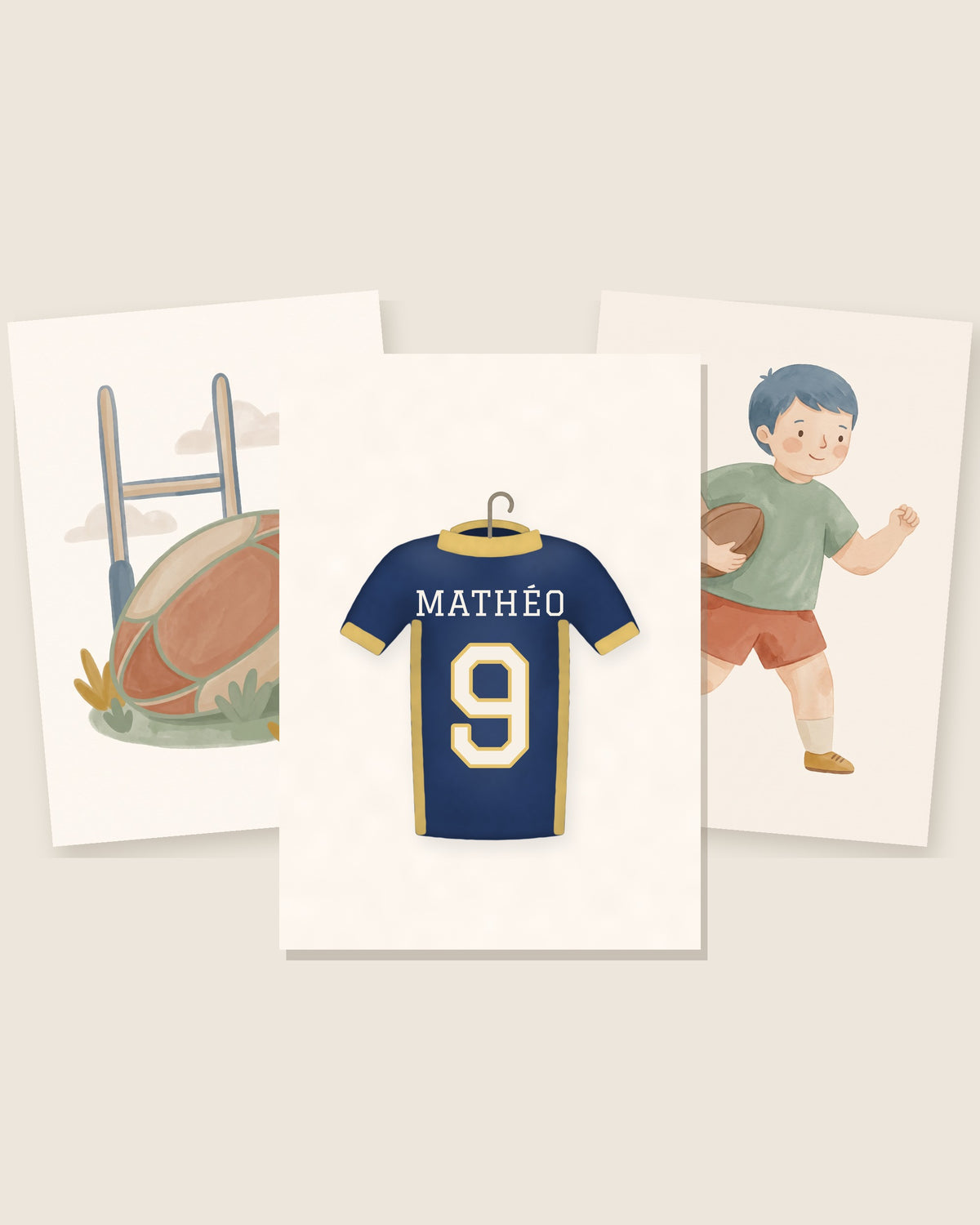 Affiche rugby personnalisée maillot prénom et numéro : les 3 affiches assorties côte à côte