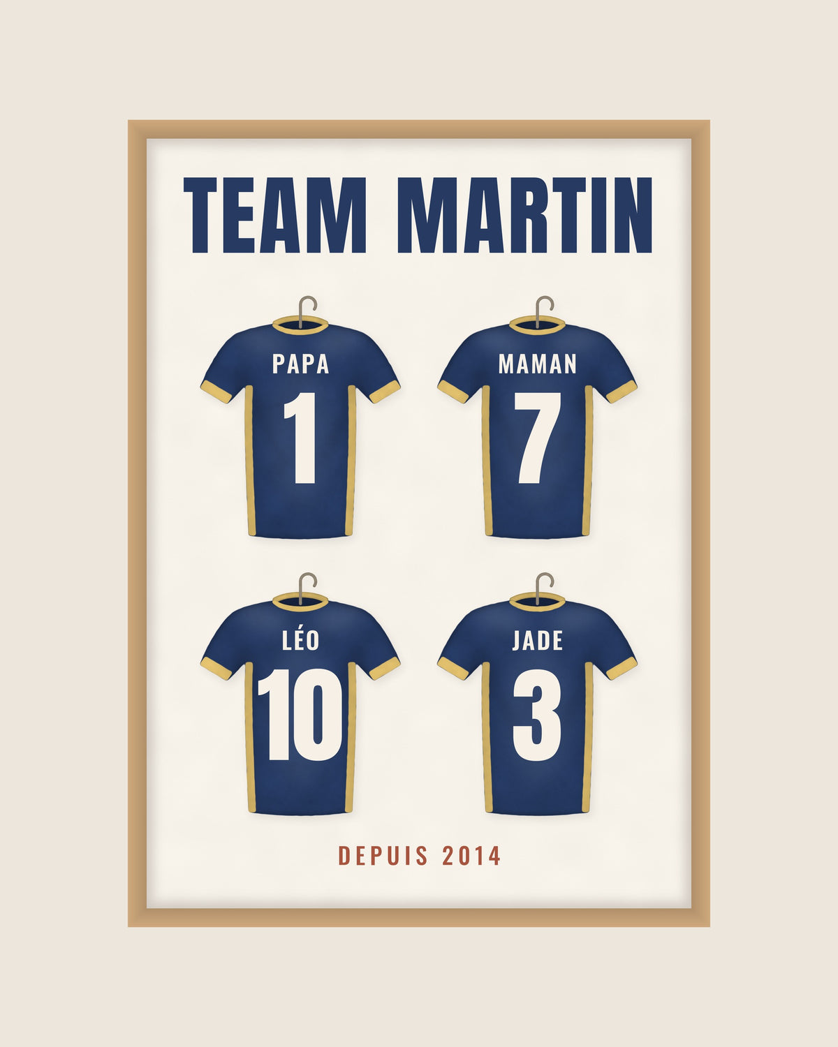 Affiche Team famille personnalisée, maillots de foot et prénoms : « Team Martin » et les maillots de la famille