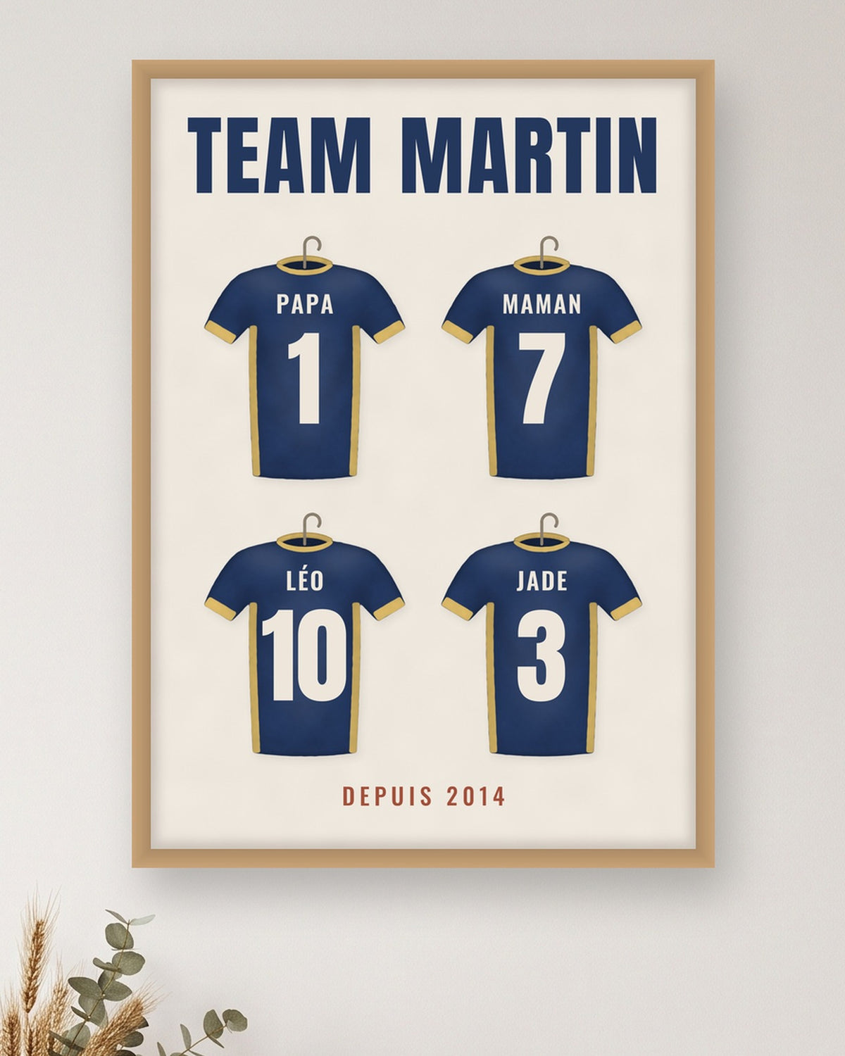 Affiche Team famille personnalisée, maillots de foot et prénoms : gros plan sur l’affiche encadrée