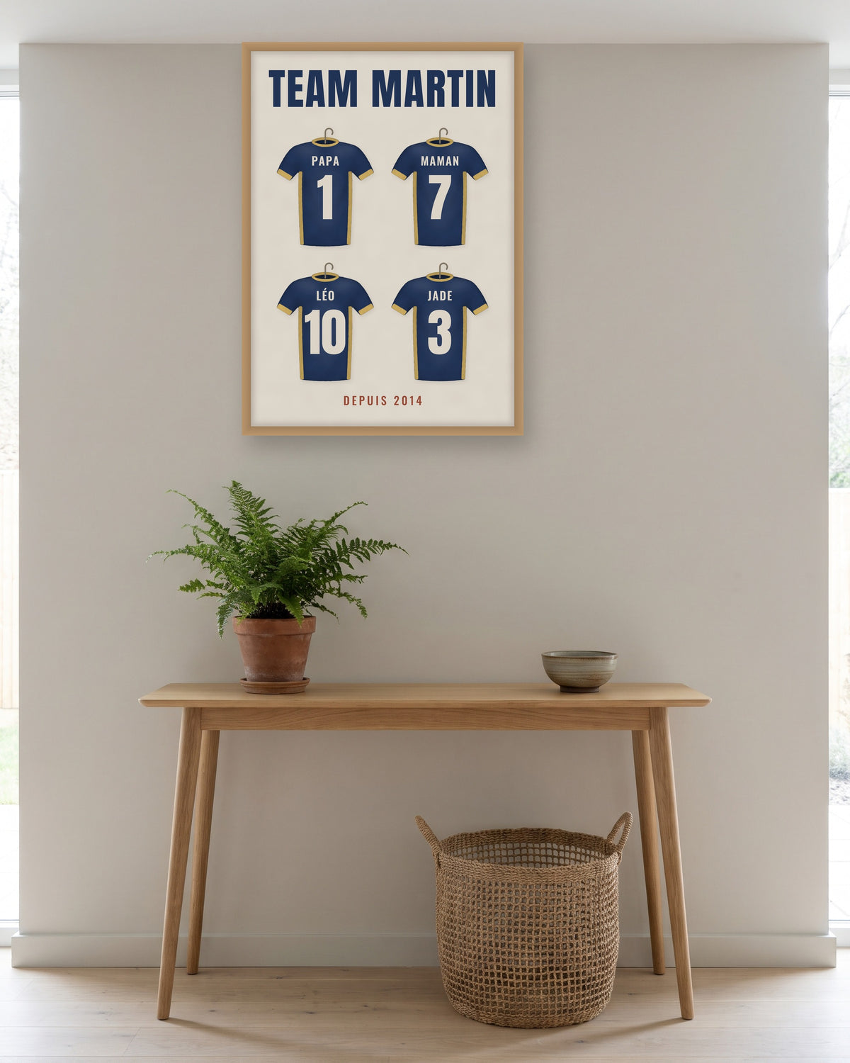 Affiche Team famille personnalisée, maillots de foot et prénoms, autre exemple de mise en situation