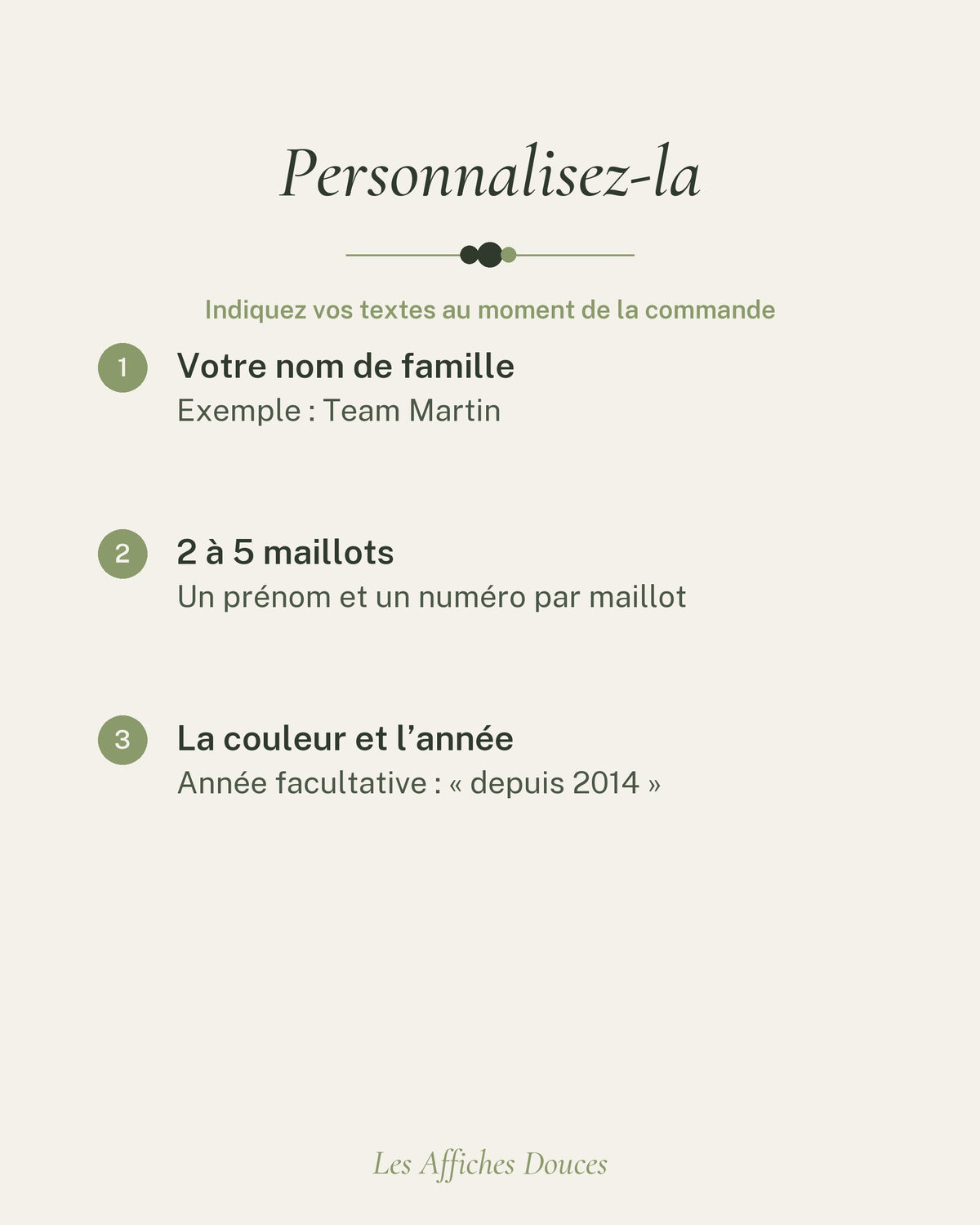 Ce que vous personnalisez : le nom, les prénoms et numéros, la couleur