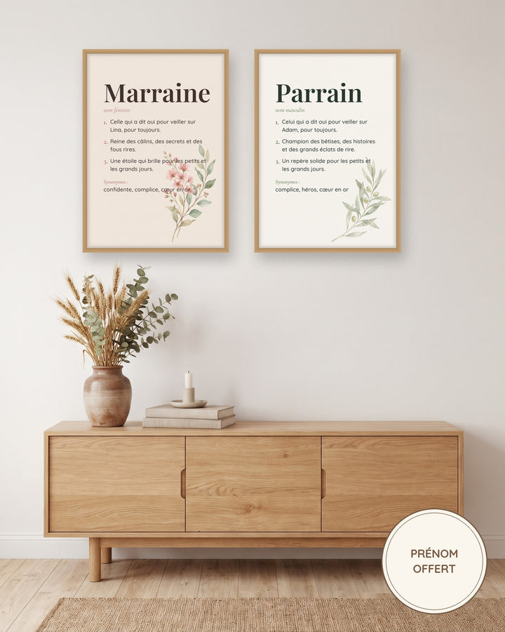 Affiches parrain et marraine définition, lot de 2 encadrées au mur du salon, exemple personnalisé
