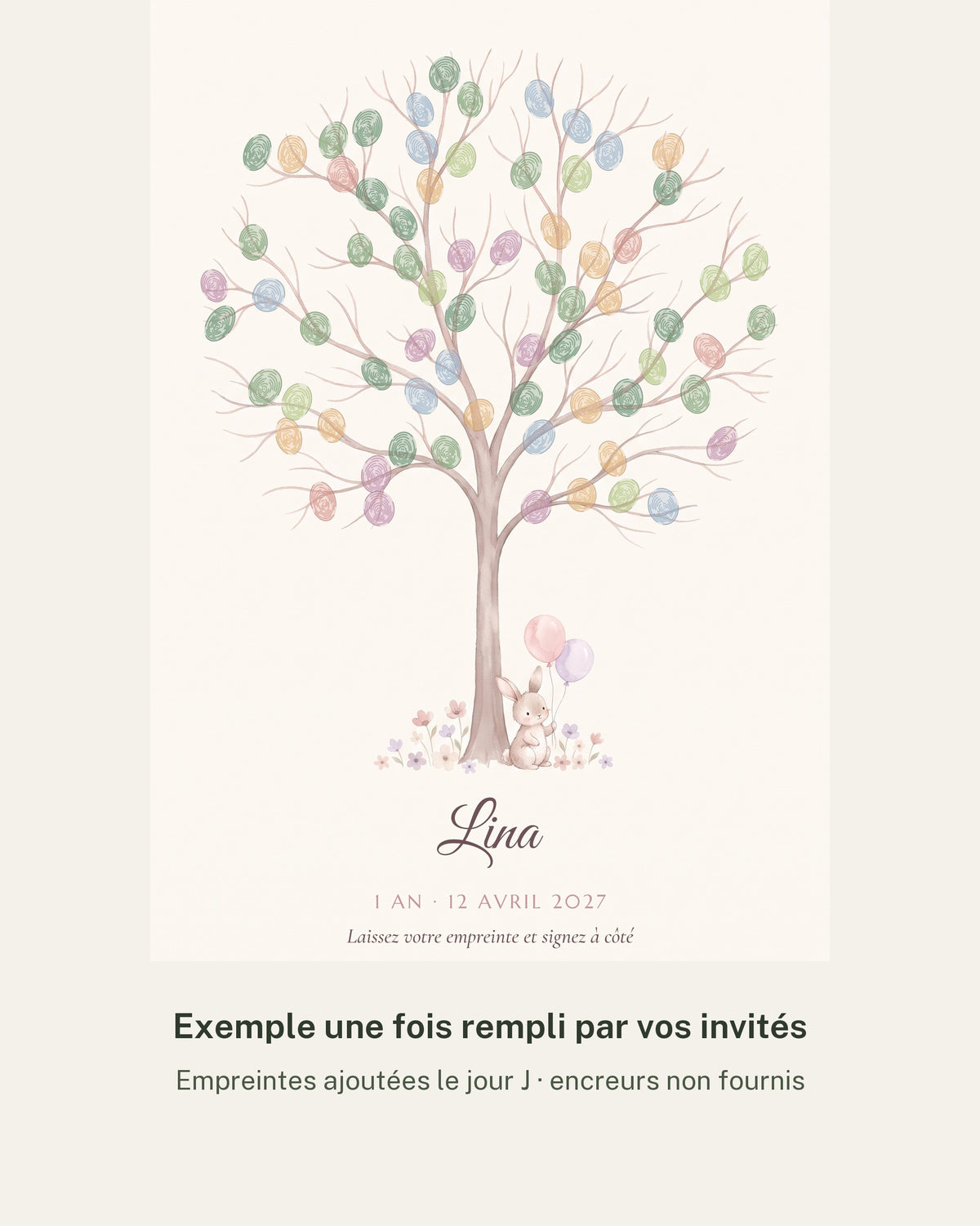 Arbre à empreintes anniversaire personnalisé, livre d’or de fête de famille : détail de l’illustration et des prénoms, impression mate