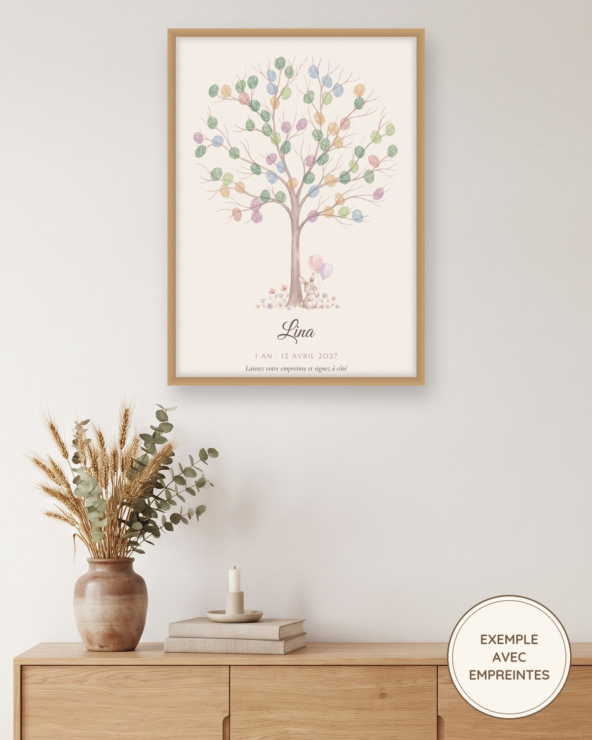 Arbre à empreintes anniversaire personnalisé, livre d’or de fête de famille : l’affiche encadrée, exemple personnalisé