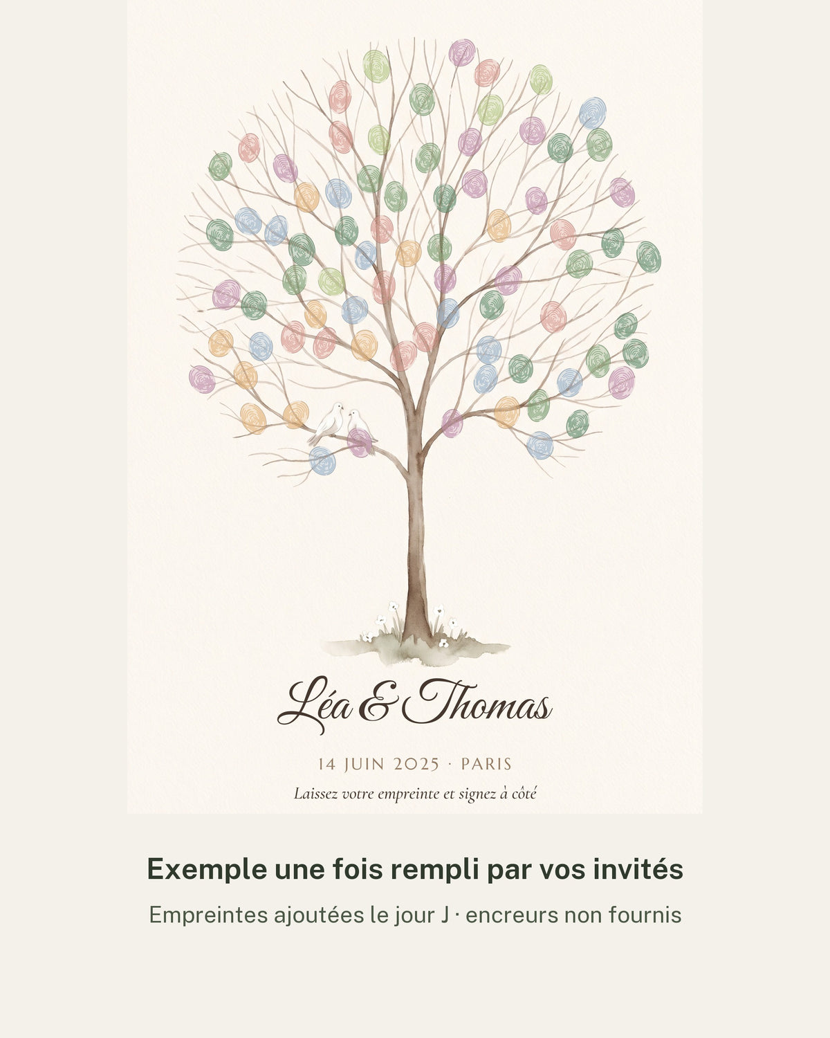Arbre à empreintes mariage personnalisé, livre d’or à remplir par les invités : détail de l’illustration et des prénoms, impression mate