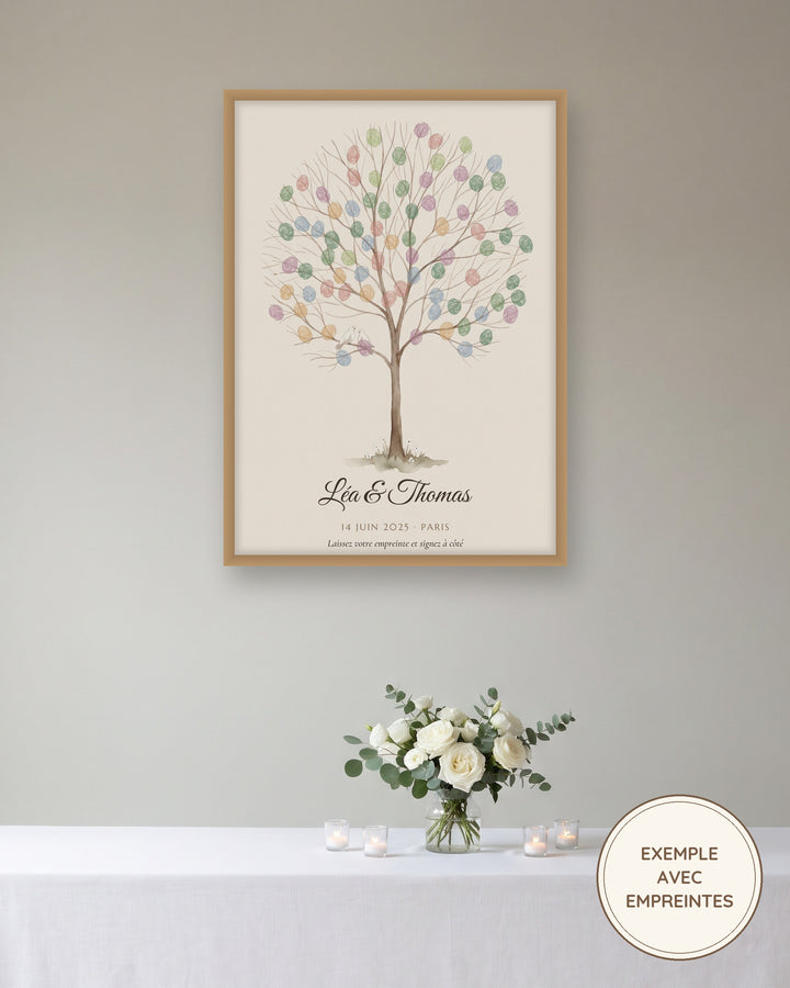 Arbre à empreintes mariage personnalisé, livre d’or à remplir par les invités : l’affiche encadrée, exemple personnalisé