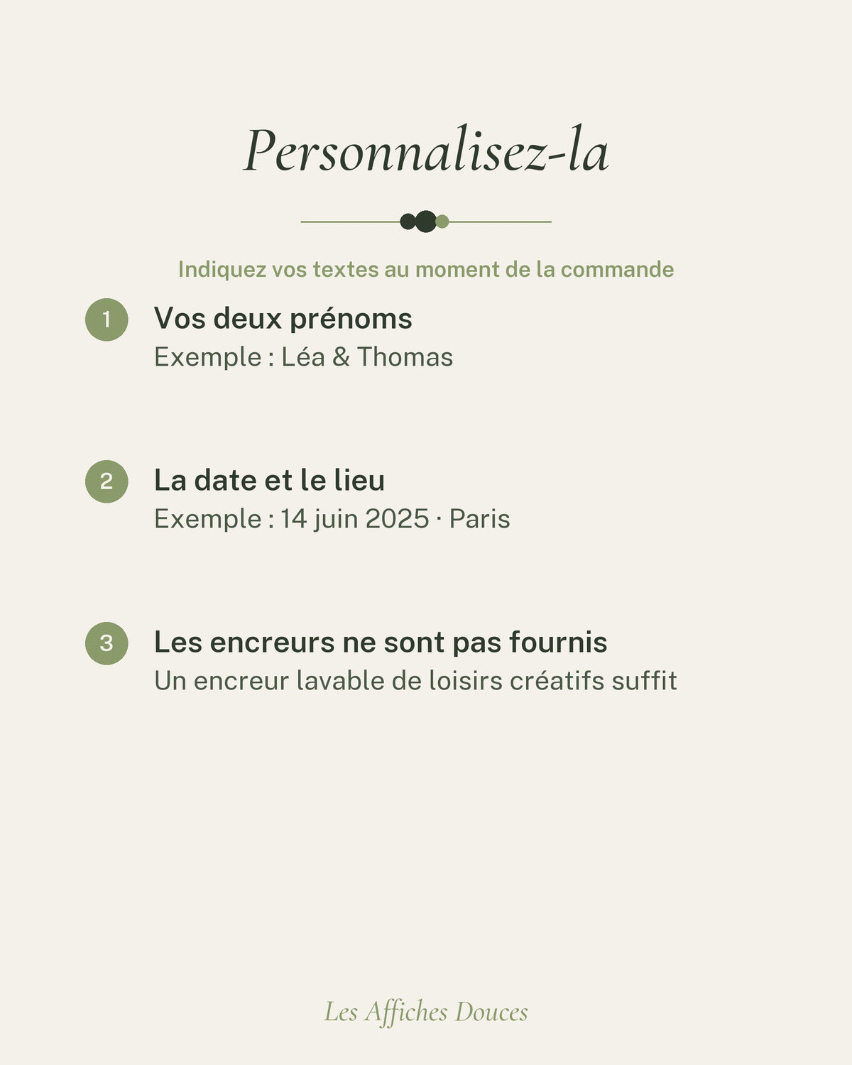Ce que vous personnalisez : vos deux prénoms, la date et le lieu (facultatif)