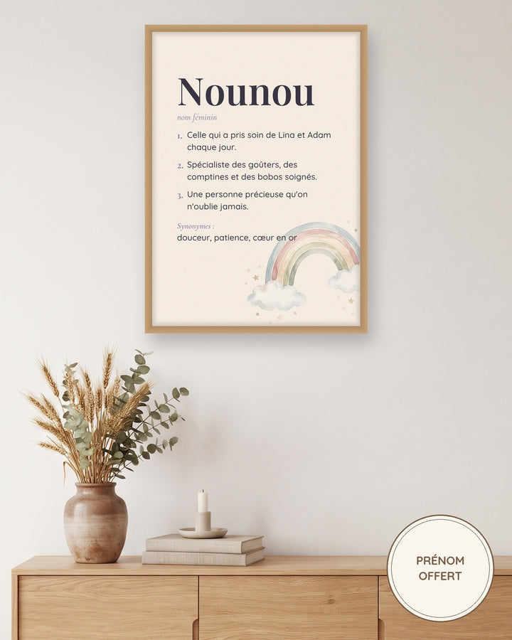 Cadeau nounou fin de contrat : affiche définition encadrée au mur du salon, exemple personnalisé
