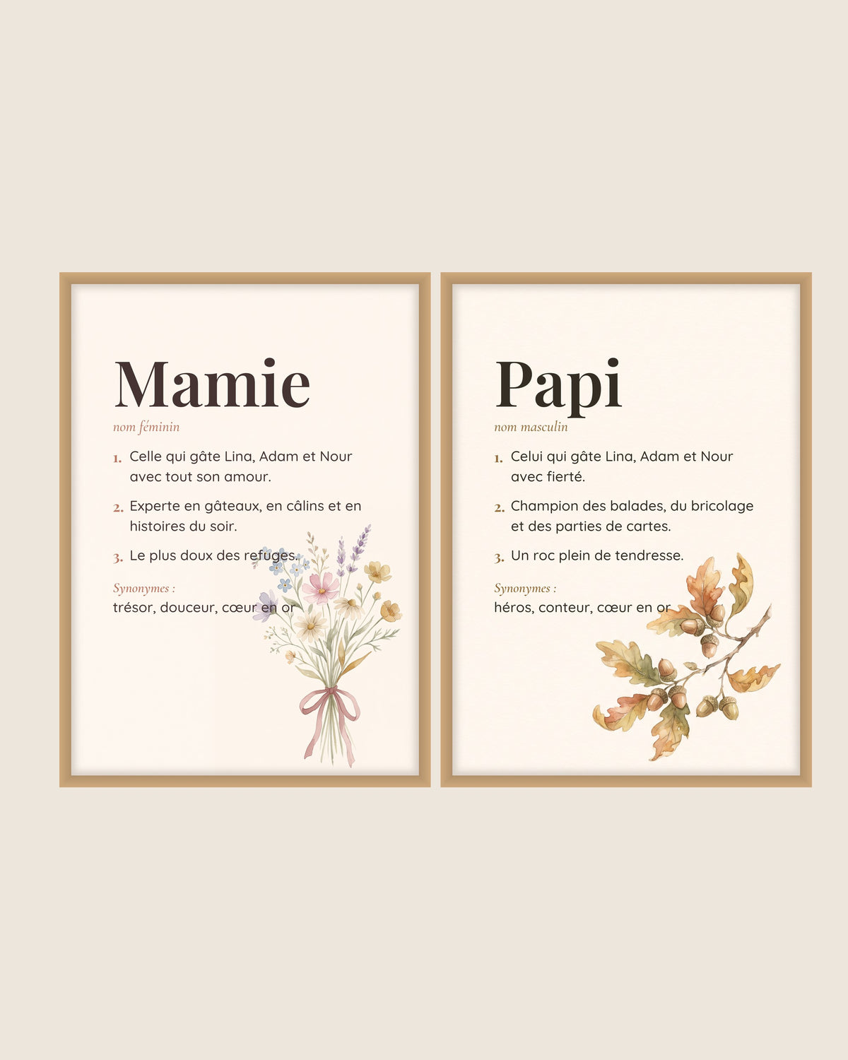 Cadeau papy mamie : 2 affiches définition personnalisées : les deux affiches, exemple de personnalisation