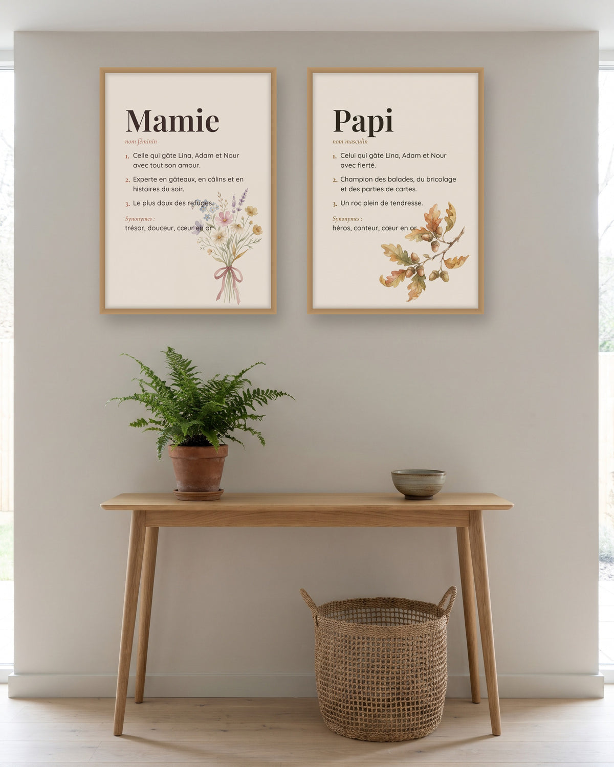 Cadeau papy mamie : 2 affiches définition personnalisées encadrées dans une entrée