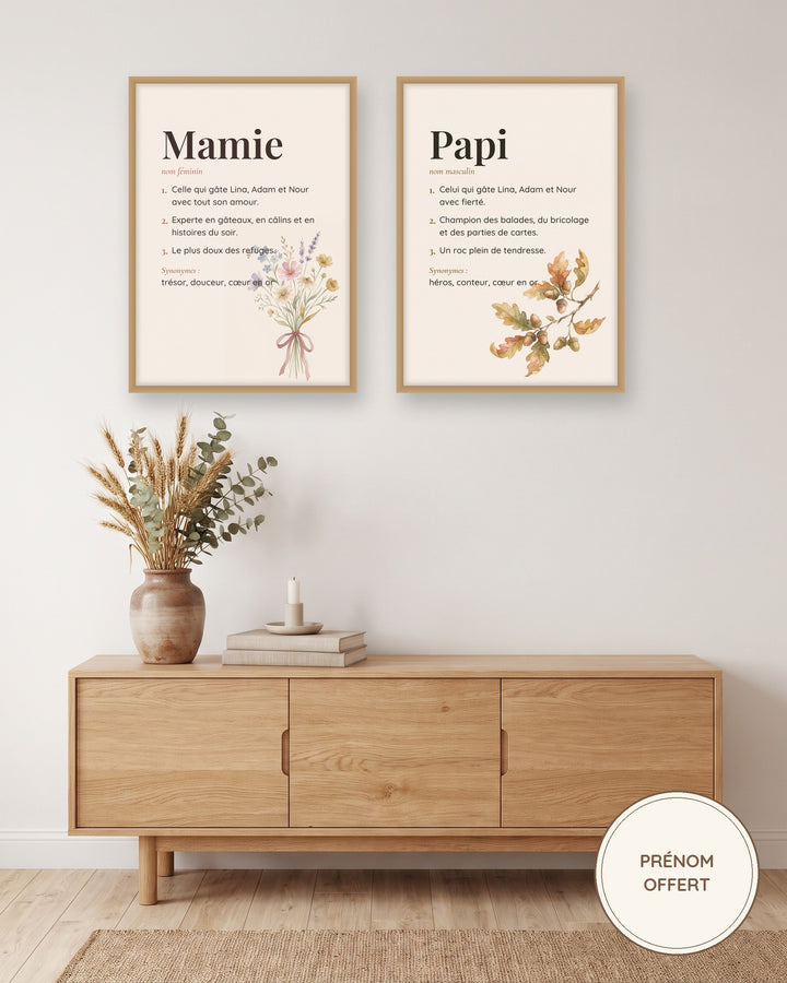Cadeau papy mamie : 2 affiches définition personnalisées encadrées au mur du salon, exemple personnalisé