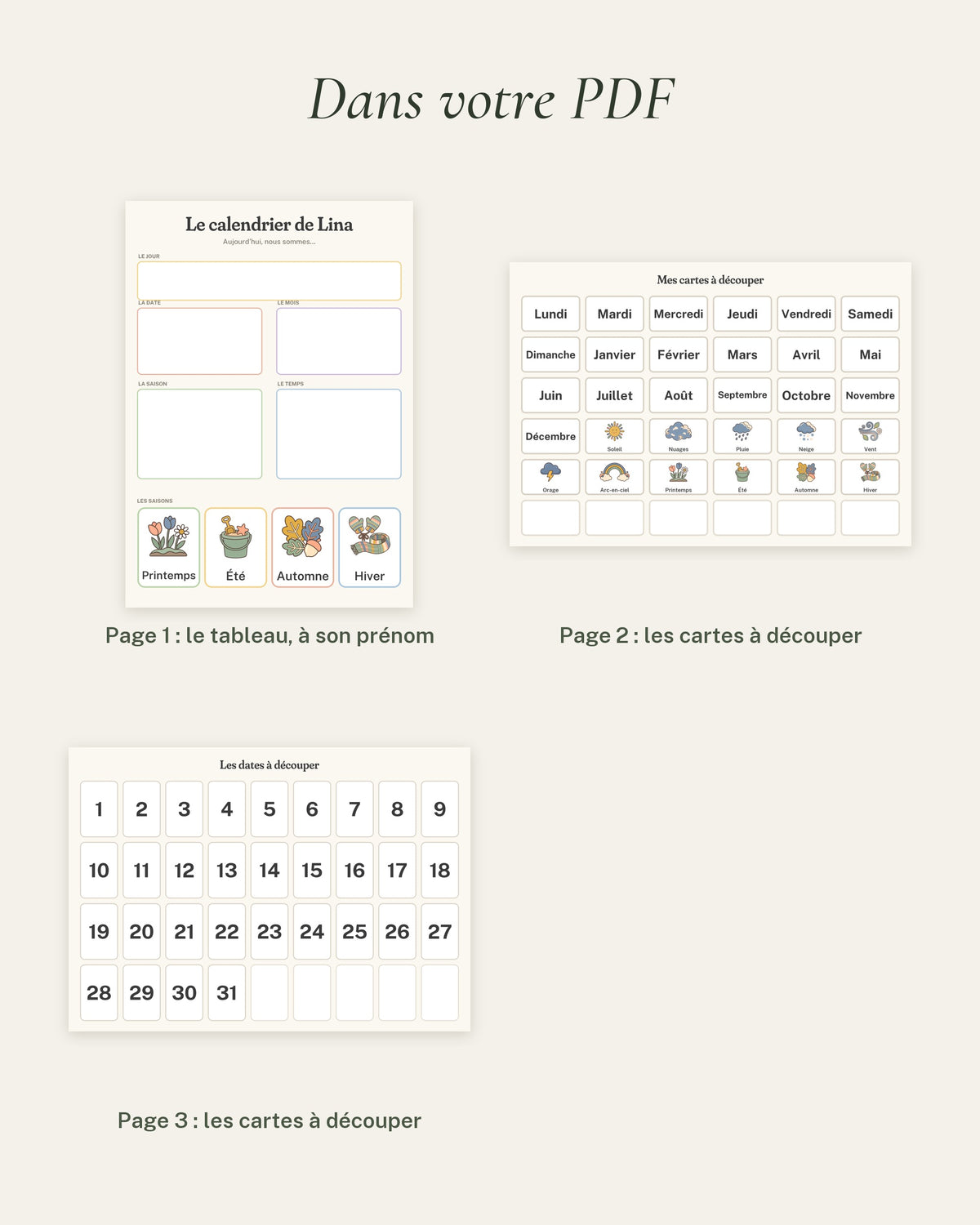 Calendrier perpétuel enfant à imprimer, jour, date, mois, saison, météo : le contenu du PDF, le tableau et les cartes à découper