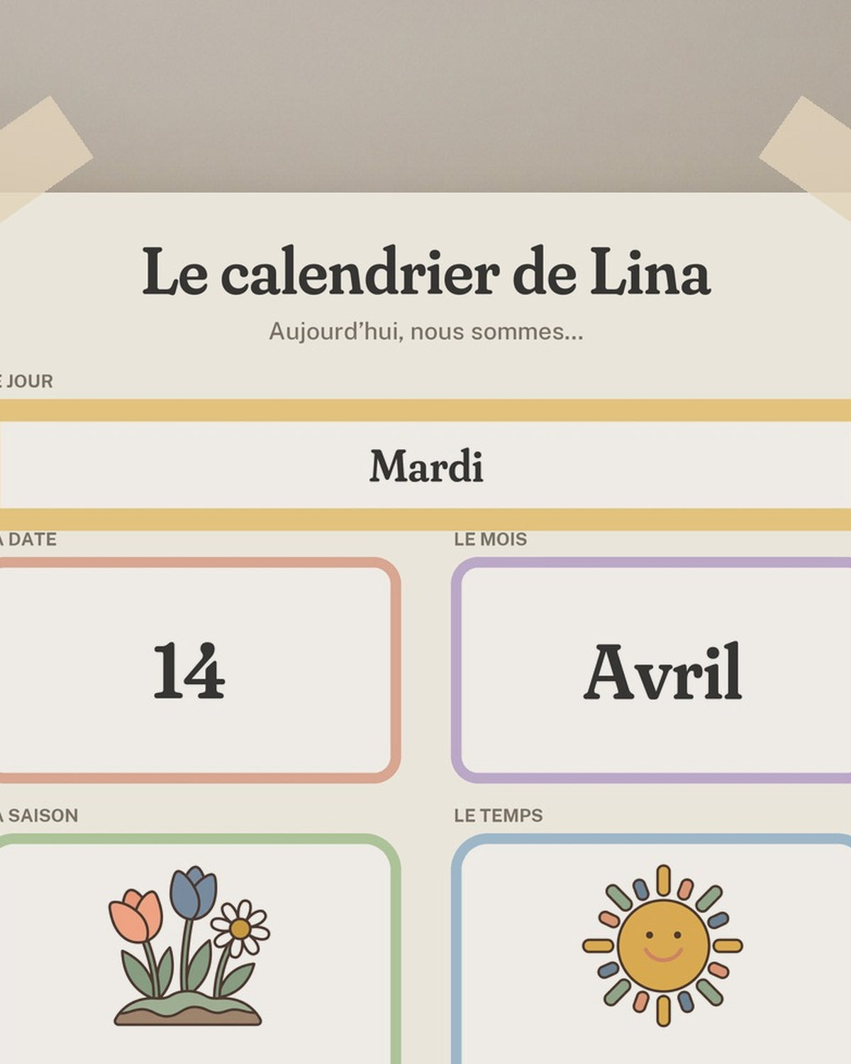 Calendrier perpétuel enfant à imprimer, jour, date, mois, saison, météo : gros plan sur l’affiche encadrée