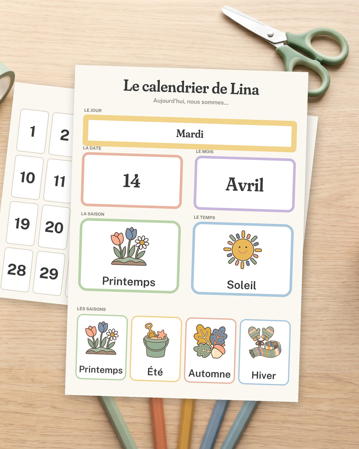 Calendrier perpétuel enfant à imprimer, jour, date, mois, saison, météo, autre exemple de mise en situation