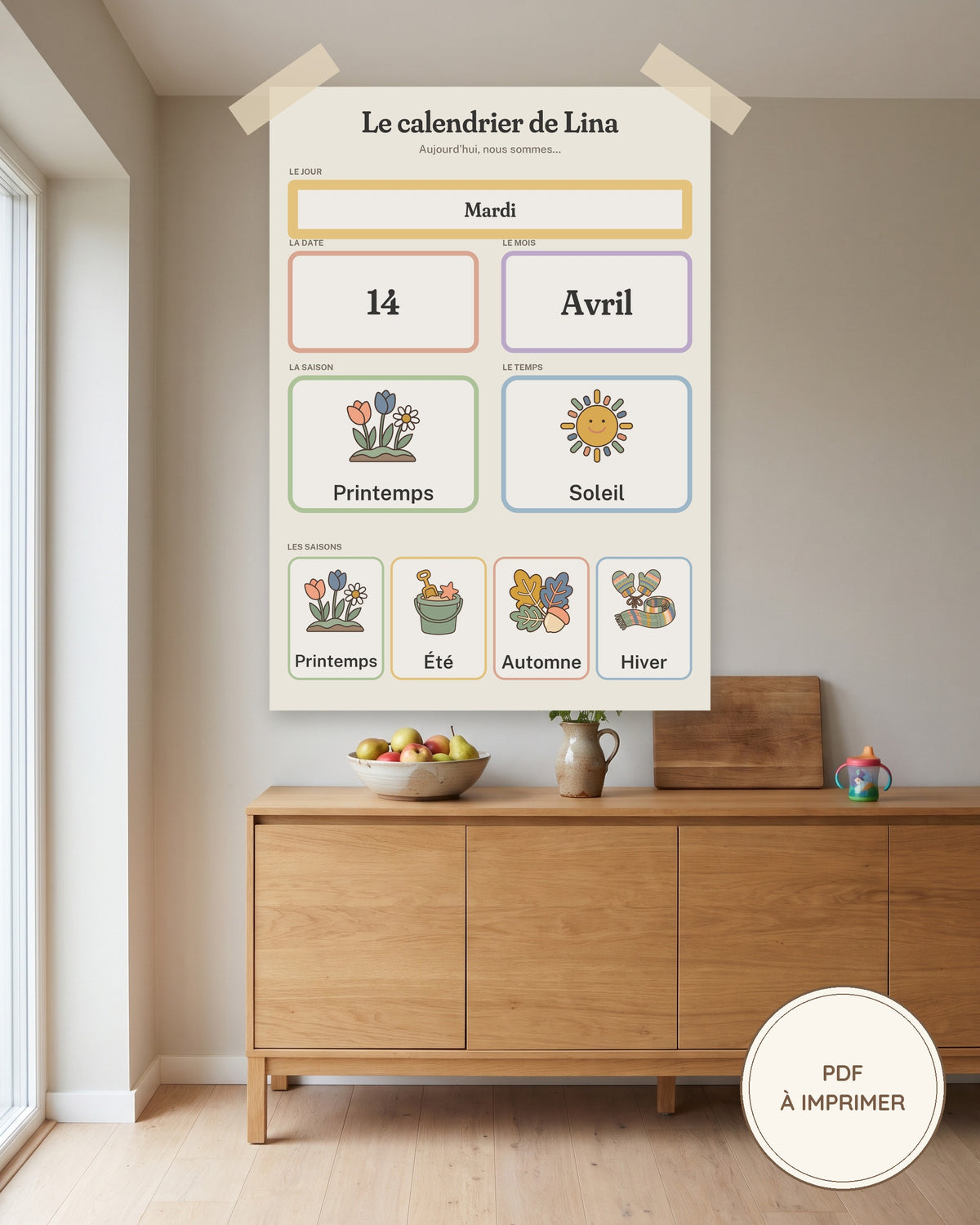 Calendrier perpétuel enfant à imprimer, jour, date, mois, saison, météo : imprimé et accroché au mur, exemple personnalisé