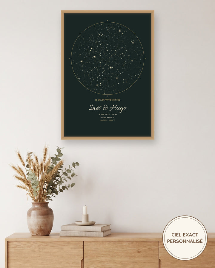 Carte du ciel de mariage personnalisée, le ciel de notre mariage : l’affiche encadrée, exemple personnalisé