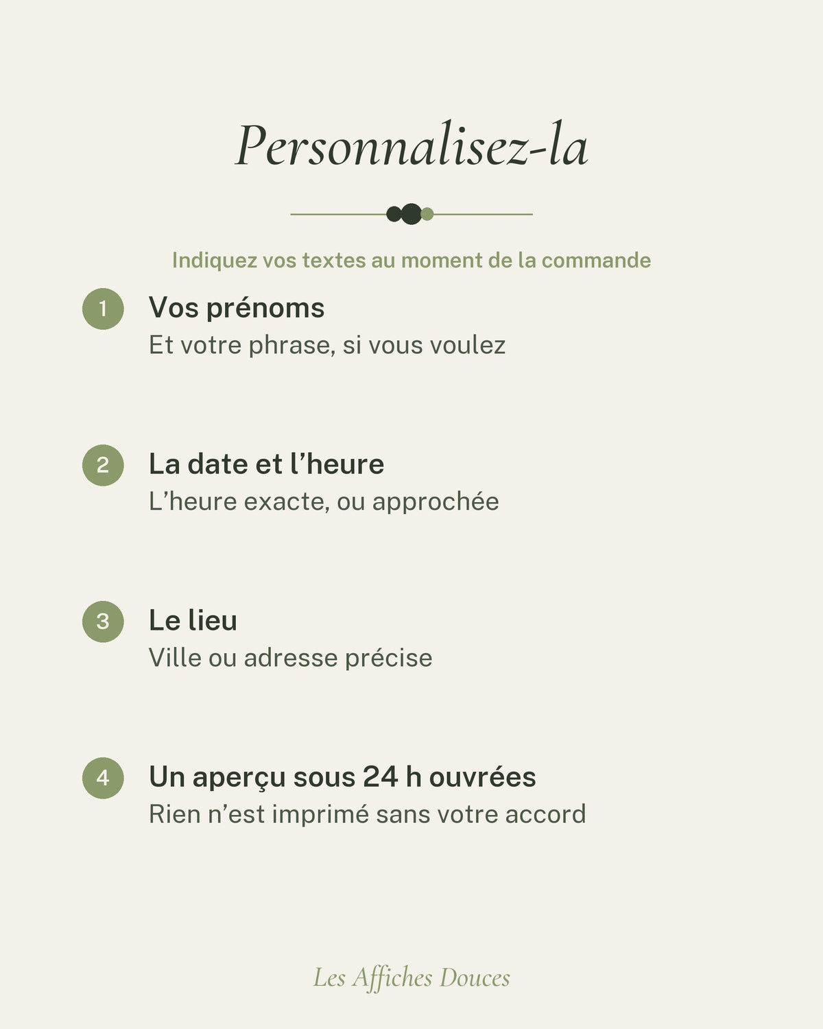 Ce que vous personnalisez : vos prénoms, la date, l’heure et le lieu du mariage