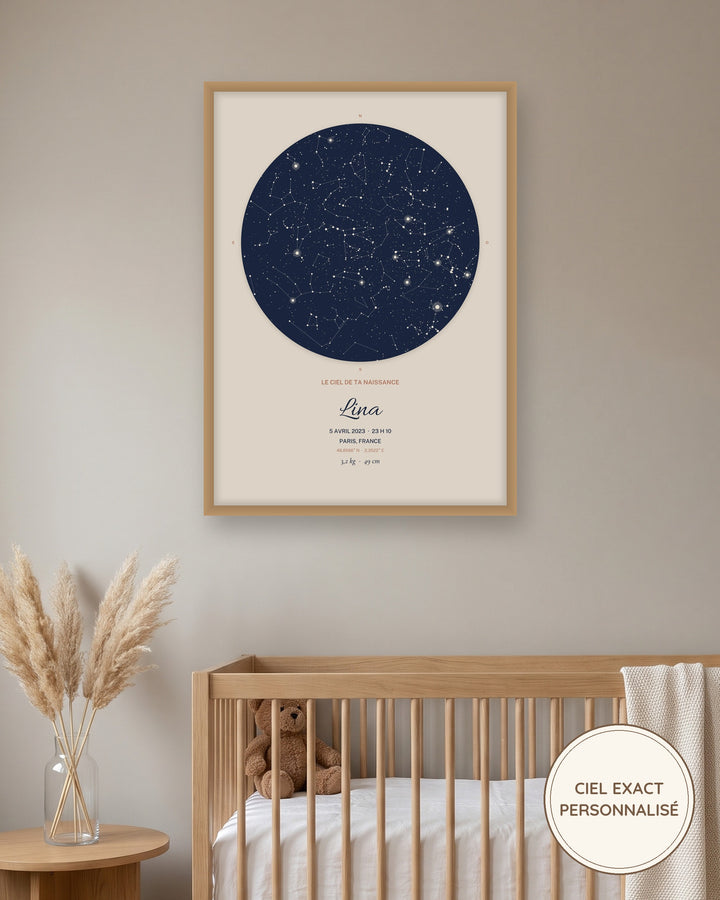 Carte du ciel de naissance personnalisée, le ciel de ta naissance : l’affiche encadrée, exemple personnalisé